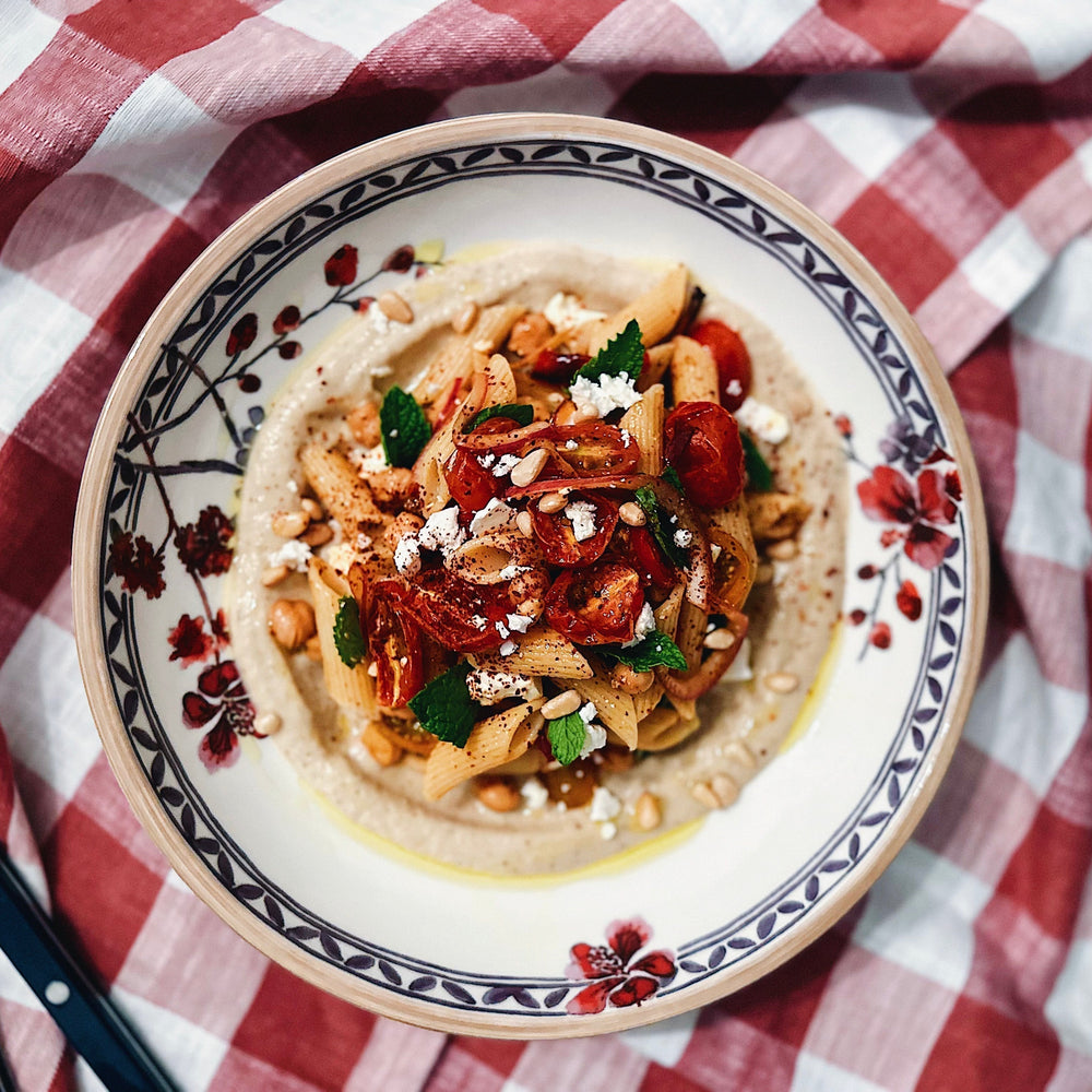 Penne + Tomato Pasta Salad with Baba Ganoush