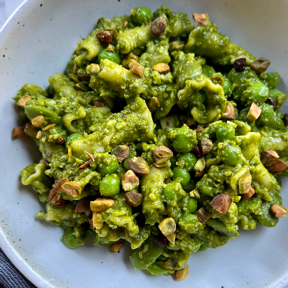 Spring Pasta Salad with Pecorino, English Peas, Fava Leaf + Pistachio Pesto