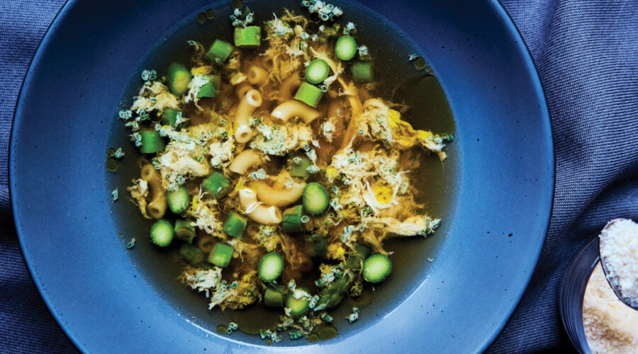 Stracciatella Soup with Macaroni, Parmigiano Brodo + Asparagus