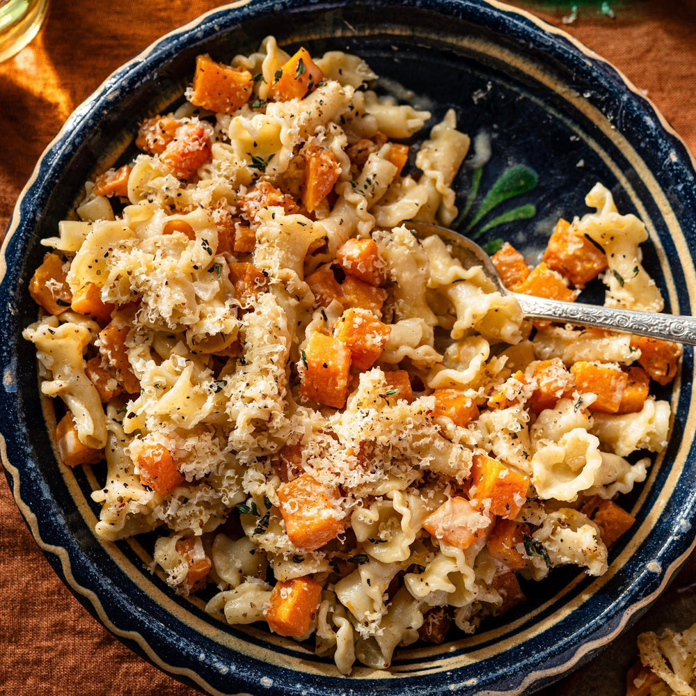 Campanelle with Caramelized Onion, Honeynut Squash + Gouda